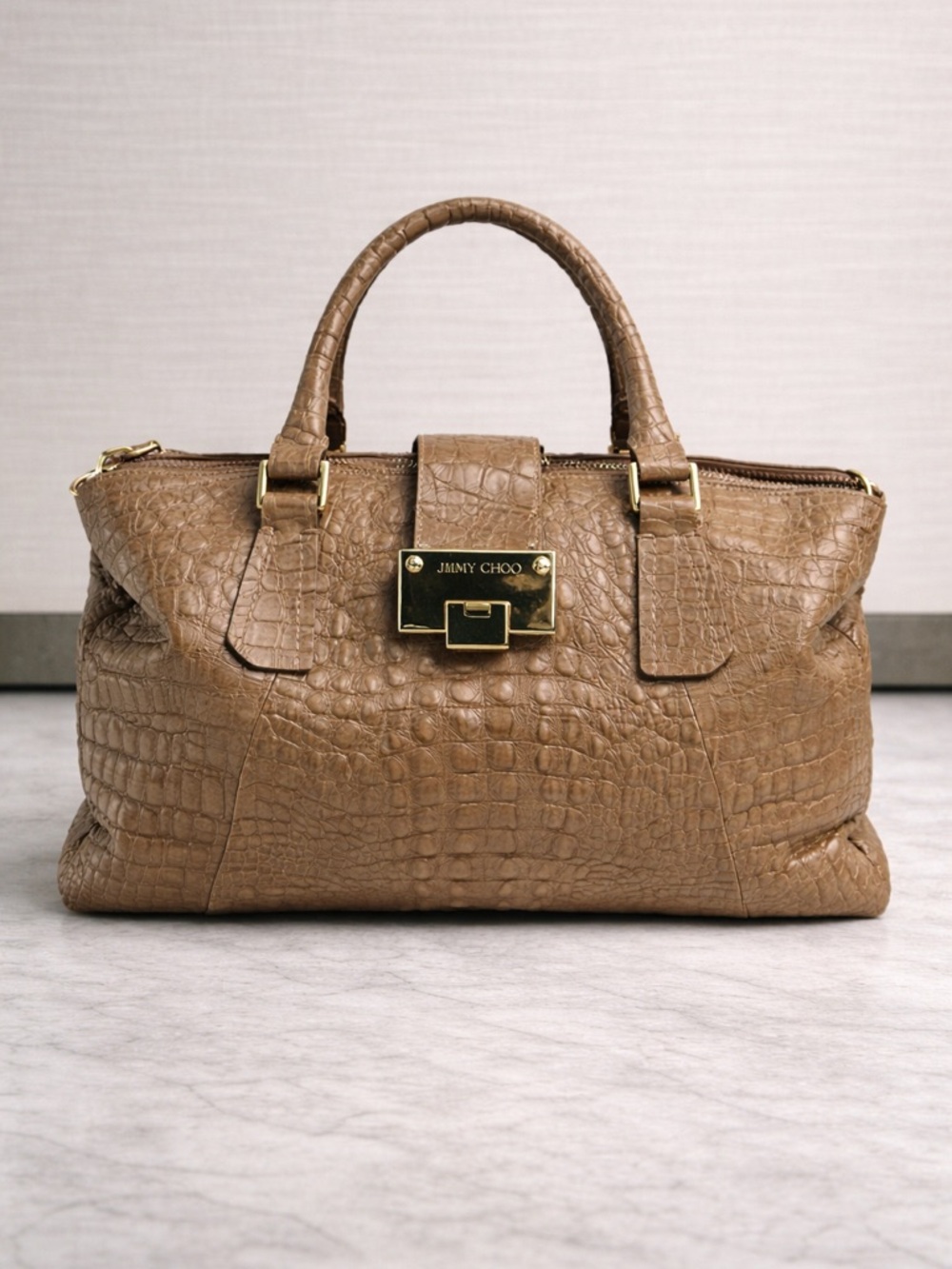 Jimmy Choo Taupe Croc-Embossed Satchel with Gold Hardware